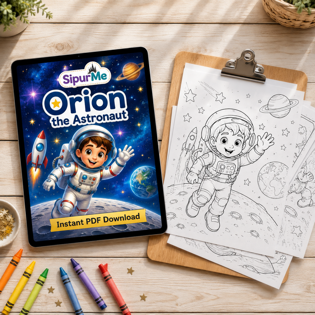 A tablet showing the cover art for a children's printable activity book titled 'SipurMe Orion the Astronaut' next to a clipboard with black-and-white astronaut coloring pages, styled on a wooden tabletop with crayons and small plants.