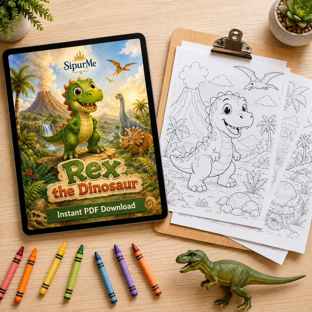 A children's dinosaur coloring book cover displayed on a tablet, alongside printed coloring pages on a clipboard, crayons, a small dinosaur toy, and potted plants on a wooden surface. The cover shows 'Rex the Dinosaur' and the brand 'SipurMe'.