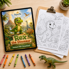 A children's dinosaur coloring book cover displayed on a tablet, alongside printed coloring pages on a clipboard, crayons, a small dinosaur toy, and potted plants on a wooden surface. The cover shows 'Rex the Dinosaur' and the brand 'SipurMe'.