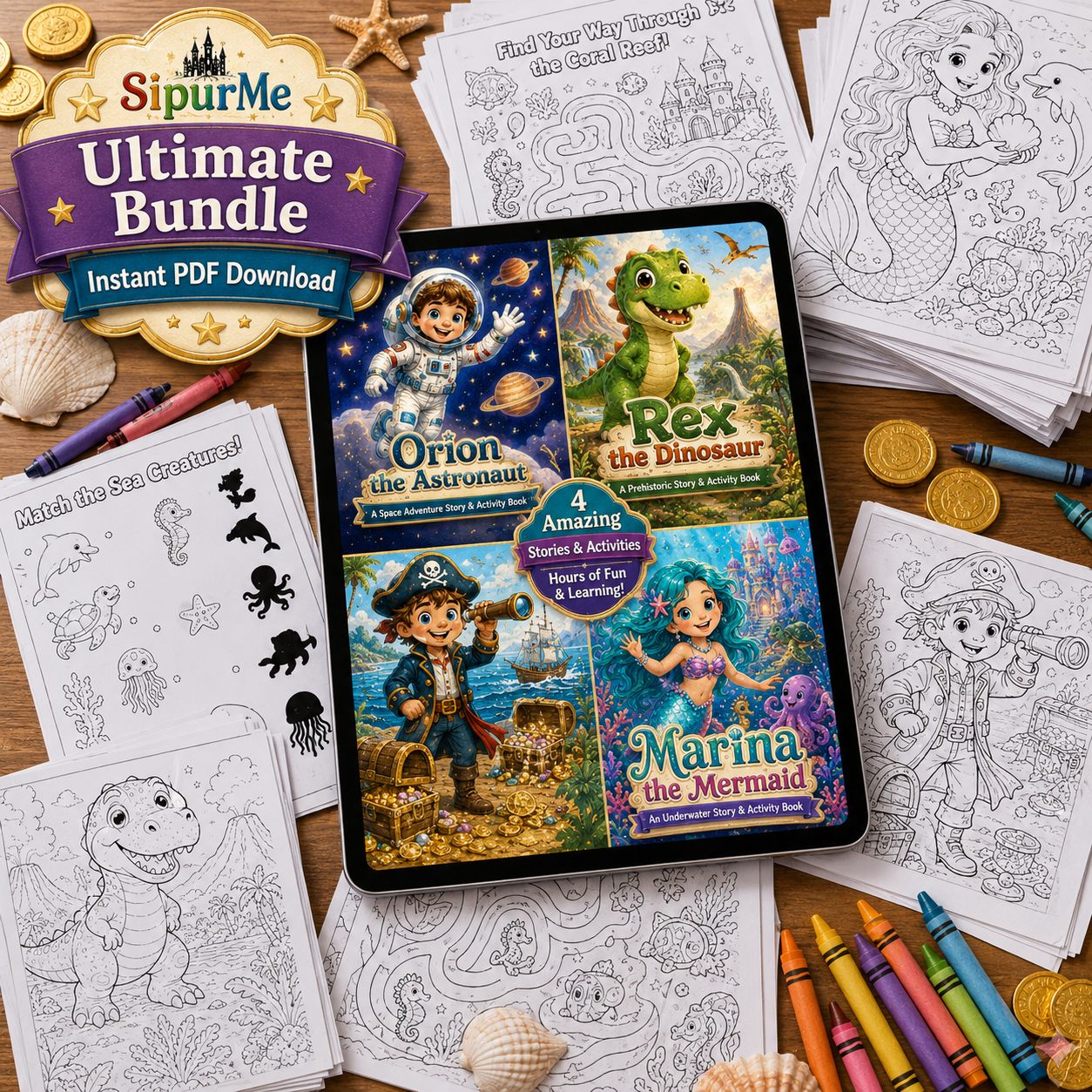 A promotional collage for a children's coloring book bundle on a wooden surface. A tablet displays three colorful book covers: Orion the Astronaut, Rex the Dinosaur, and Marina the Mermaid.
