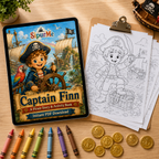Captain Finn pirate story and activity book set displayed on a wooden tabletop, including the printed cover, a coloring page on a clipboard, crayons, gold coins, and a small toy ship. Visible brand text reads SipuMe.