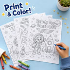 Three printable coloring pages for kids about space are shown on a light blue background, with a child's hand holding a blue crayon. The pages feature black-and-white line drawings of astronauts, rockets, planets, and stars, with the text 'Print & Color!' in the top left.
