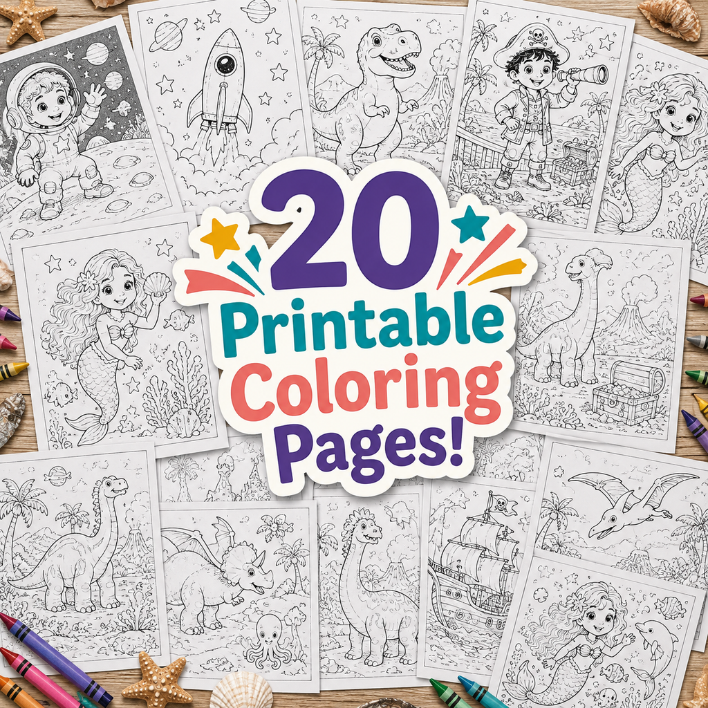 A collage of printable coloring pages featuring cartoon children and dinosaurs, with a large central text badge reading '20 Printable Coloring Pages!' and crayons and seashells around the edges on a wood surface.