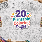 A collage of printable coloring pages featuring cartoon children and dinosaurs, with a large central text badge reading '20 Printable Coloring Pages!' and crayons and seashells around the edges on a wood surface.
