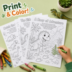 Three dinosaur-themed coloring/activity sheets are spread on a light green surface, with a child's hand holding a green crayon. The sheets show black-and-white dinosaur illustrations and text like 'The Hidden Treasure of Dino Deejo' and 'A Roar of Adventure.