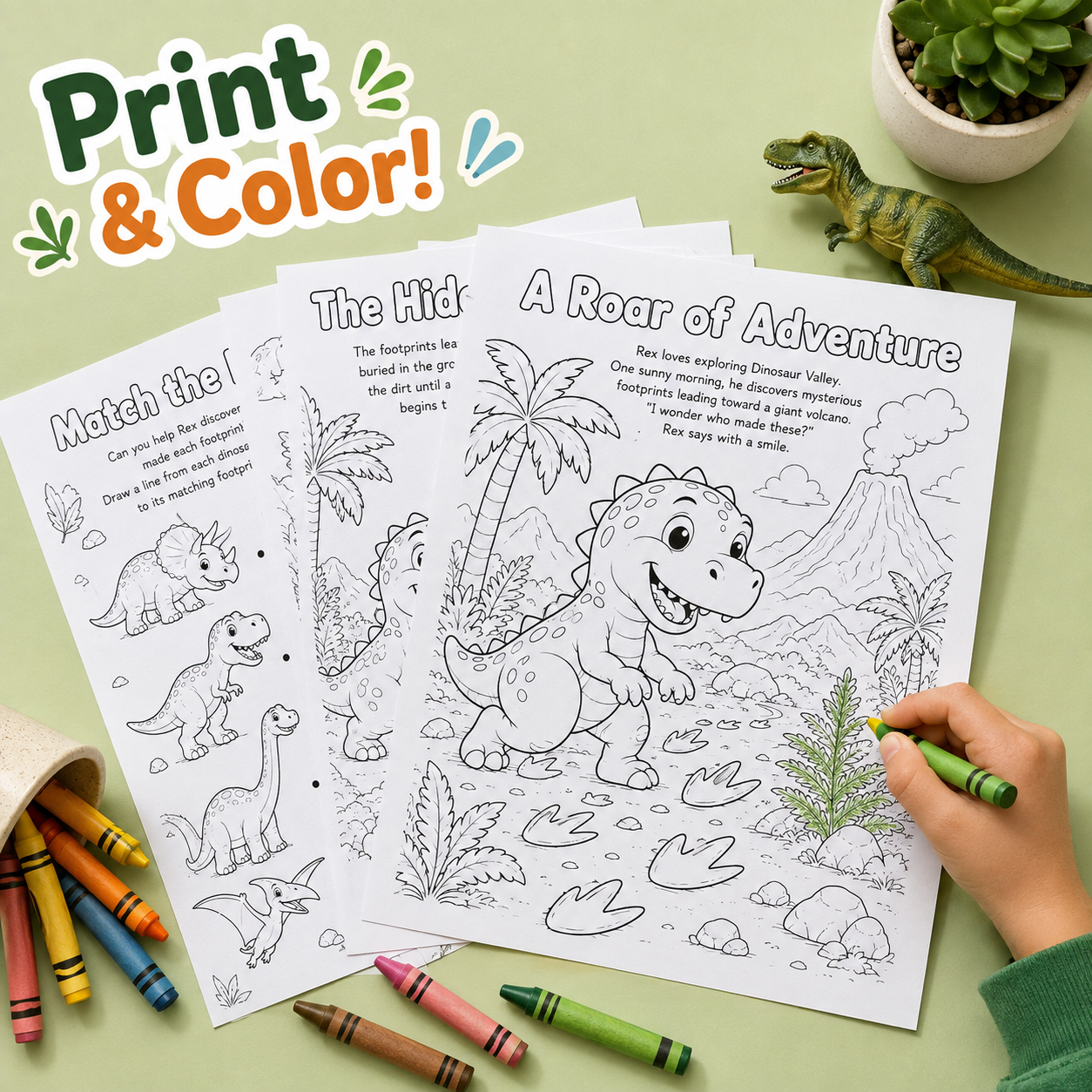 Three dinosaur-themed coloring/activity sheets are spread on a light green surface, with a child's hand holding a green crayon. The sheets show black-and-white dinosaur illustrations and text like 'The Hidden Treasure of Dino Deejo' and 'A Roar of Adventure.
