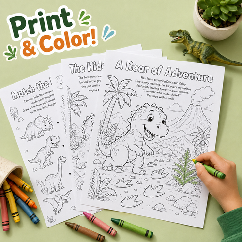 Three dinosaur-themed coloring/activity sheets are spread on a light green surface, with a child's hand holding a green crayon. The sheets show black-and-white dinosaur illustrations and text like 'The Hidden Treasure of Dino Deejo' and 'A Roar of Adventure.