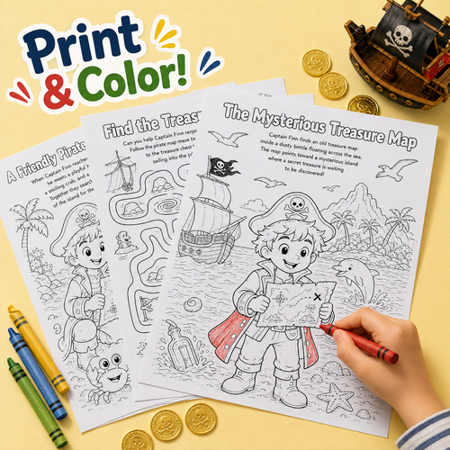Three pirate-themed coloring pages are spread out on a yellow surface, with a child's hand holding a red crayon. The pages show black-and-white treasure map illustrations and text prompts like 'A Friendly Plate' and 'Find the Treasure.