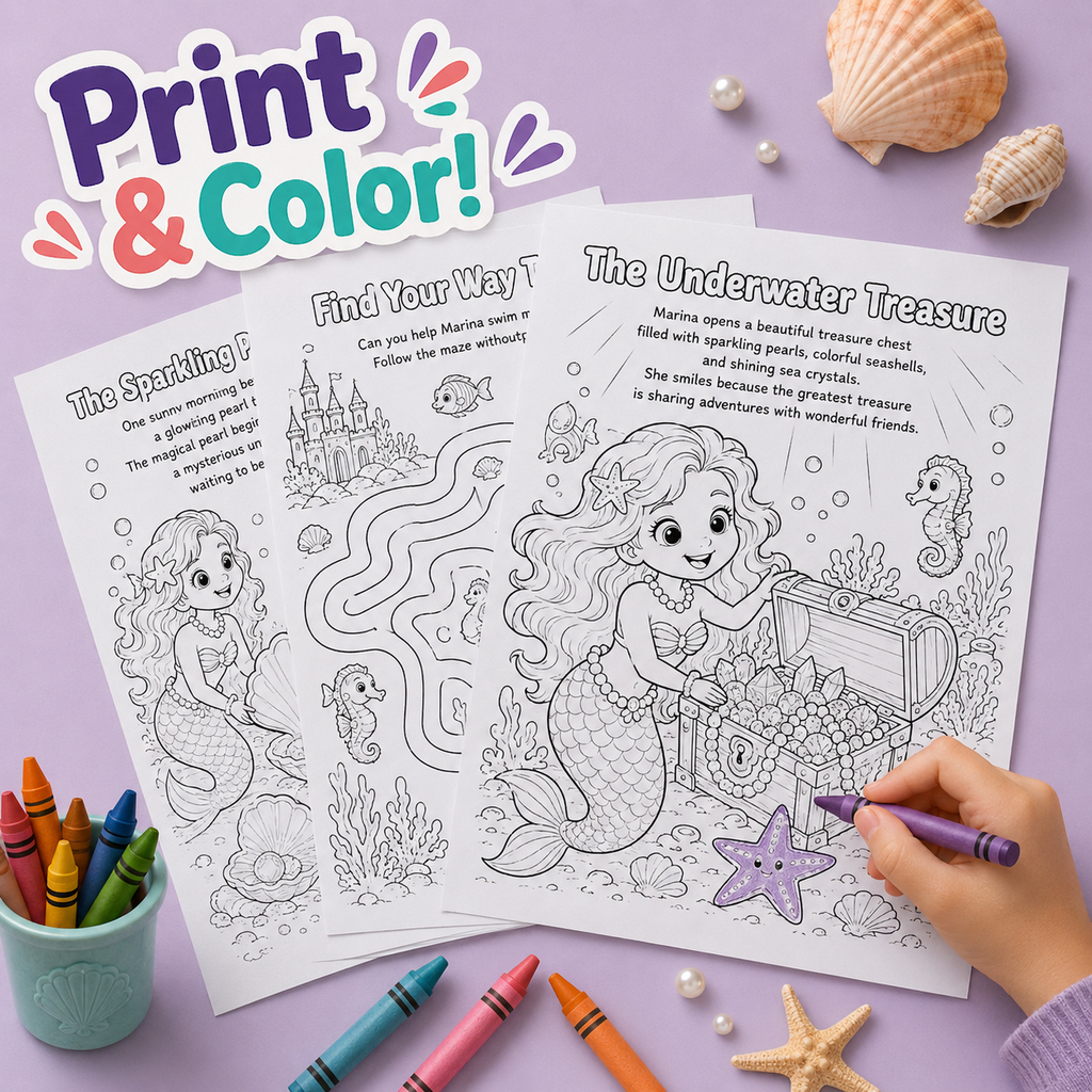Three printable coloring pages for kids about mermaids and underwater scenes are shown on a lavender background with crayons, shells, and a hand holding a purple marker. Large text at the top reads 'Print & Color!'.