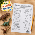 A printable dinosaur footprint matching activity sheet on a wooden surface, surrounded by toy dinosaurs and a pencil. The sheet includes black line drawings of different dinosaurs and footprint shapes with the text 'Match the Footprints!' and a 'Fun Printable Activities!' badge in the top left.