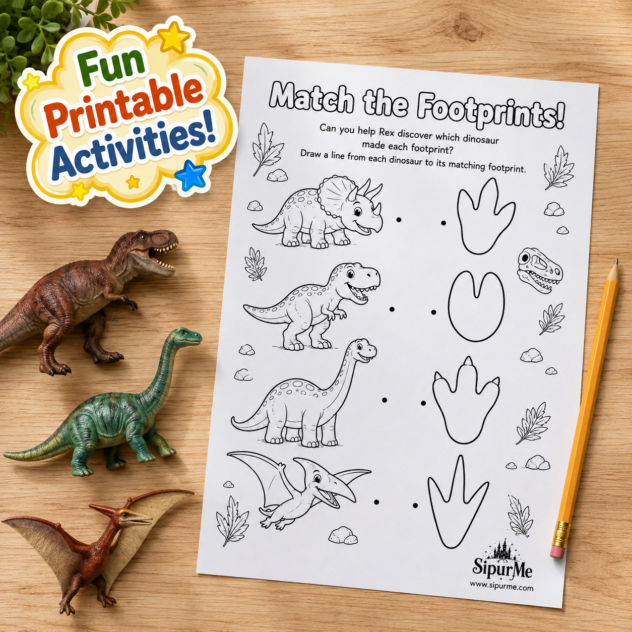 A printable dinosaur footprint matching activity sheet on a wooden surface, surrounded by toy dinosaurs and a pencil. The sheet includes black line drawings of different dinosaurs and footprint shapes with the text 'Match the Footprints!' and a 'Fun Printable Activities!' badge in the top left.