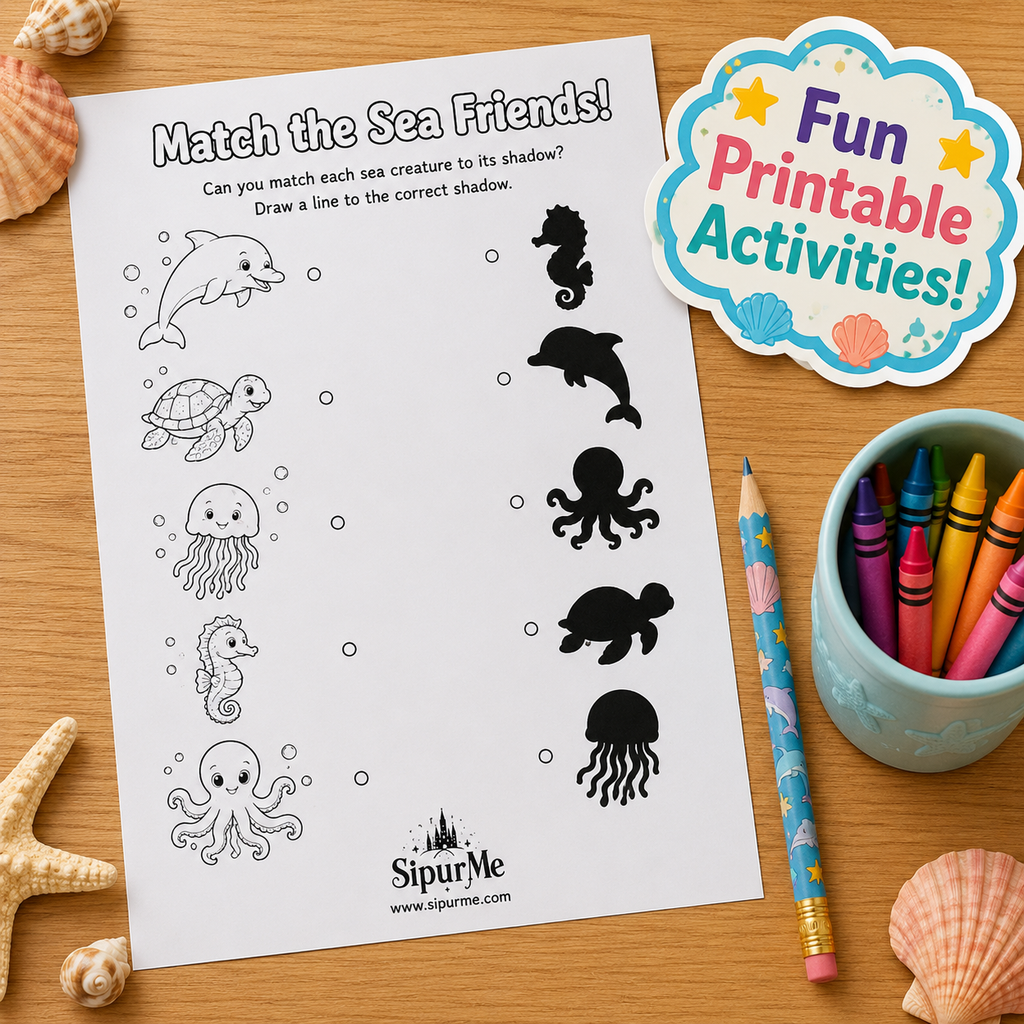 A printable sea creature matching activity sheet on a wooden tabletop, surrounded by seashells, a pencil in a cup, crayons, and a round sticker that says 'Fun Printable Activities!'. The sheet reads 'Match the Sea Friends!' and shows black line drawings of dolphins, turtles, octopus, turtle, seahorse, and jellyfish next to matching black silhouettes.
