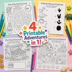 Four printable activity sheets for kids arranged on pastel background panels with colored pencils and toy props. A large central badge reads “4 Printable Adventures in 1!”.