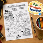 A pirate-themed printable maze activity sheet titled 'Find the Treasure!' shown on a wooden tabletop with crayons, a pencil, and themed props. The sheet includes black-and-white illustrated paths, a ship, treasure chest, compass, and the brand name 'SipurMe'.