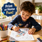 A young boy with curly brown hair smiles while coloring a rocket ship on a white sheet of paper at a wooden table. He is wearing a navy blue long-sleeve shirt with a space-themed rocket graphic.
