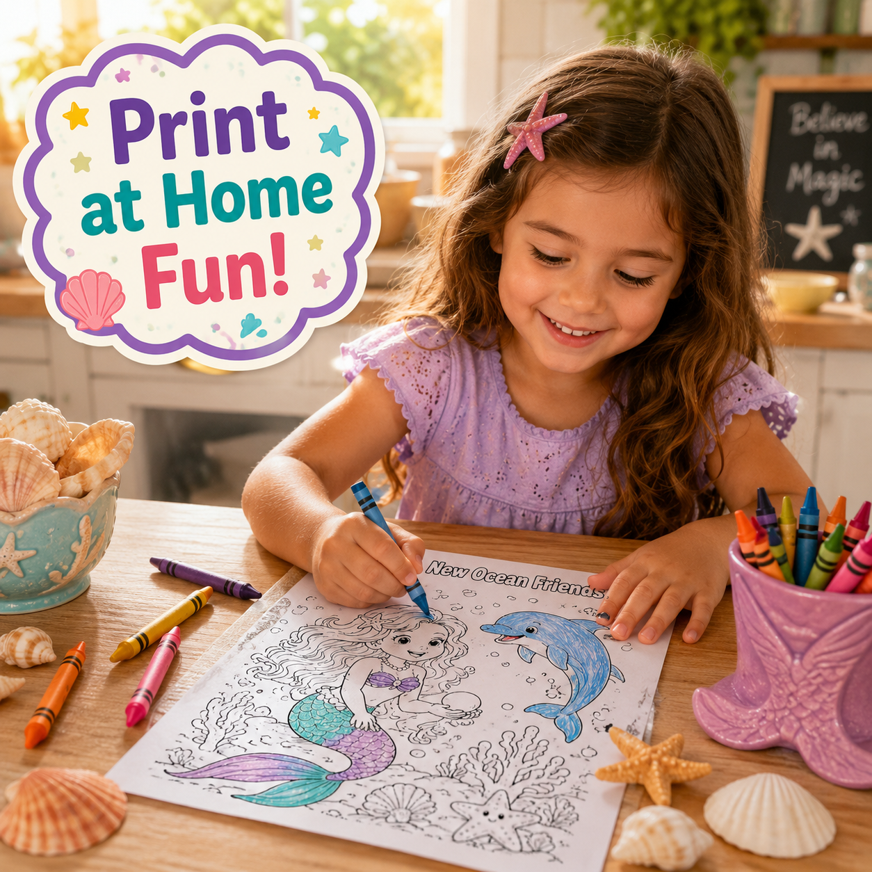 A young girl with a starfish hair clip sits at a wooden table coloring a mermaid and dolphin page from an 'Ocean Dream Island' coloring book. The scene is decorated with seashells, crayons, and a purple 'Print at Home Fun!' graphic overlay in the top left corner.