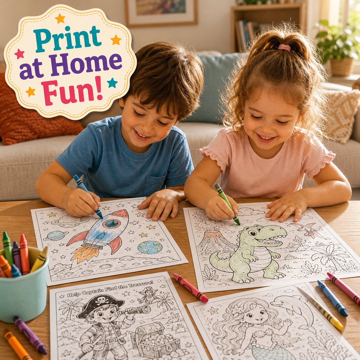 Two children sitting at a wooden table coloring in black-and-white printable activity sheets, with crayons in a cup and a colorful 'Print at Home Fun!' badge in the top left corner.