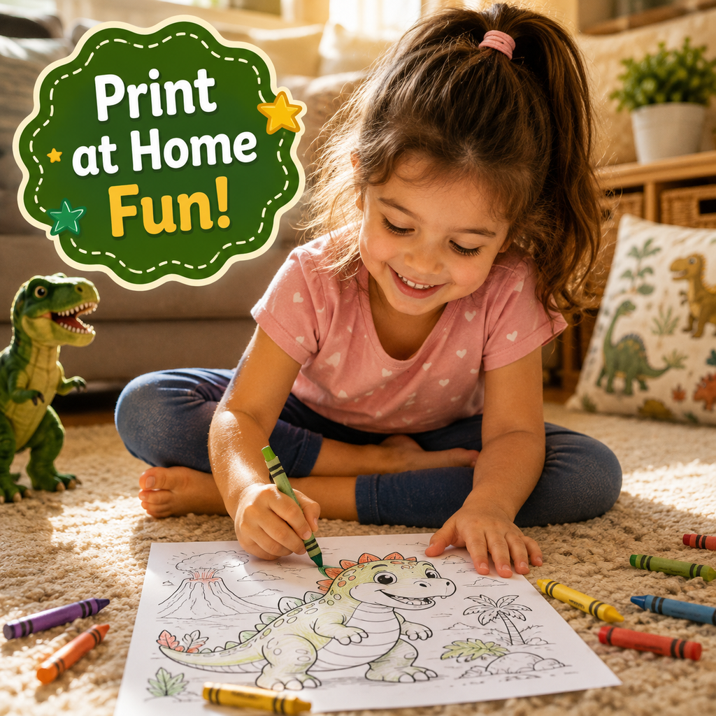 A young girl sits on a carpeted floor in a living room, coloring a dinosaur drawing with crayons. A green badge in the top left reads 'Print at Home Fun!'.