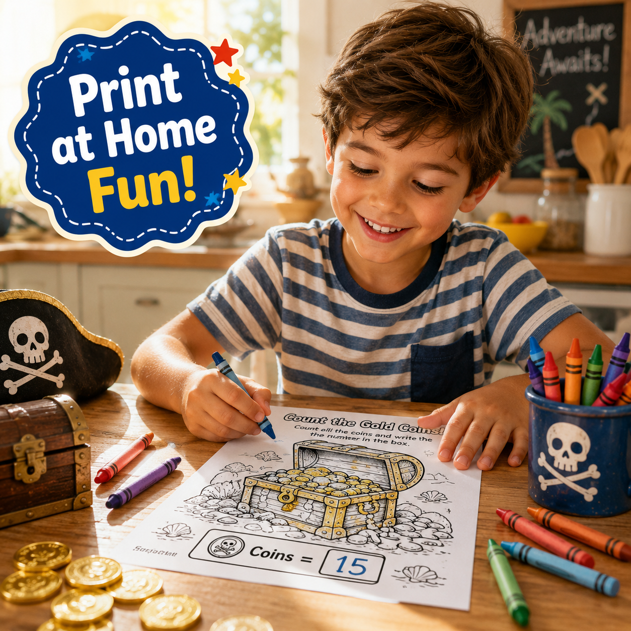 A smiling young boy sits at a wooden table coloring a treasure chest worksheet, surrounded by crayons, a pirate hat, coins, and a skull cup. A blue badge in the top left reads 'Print at Home Fun!'.