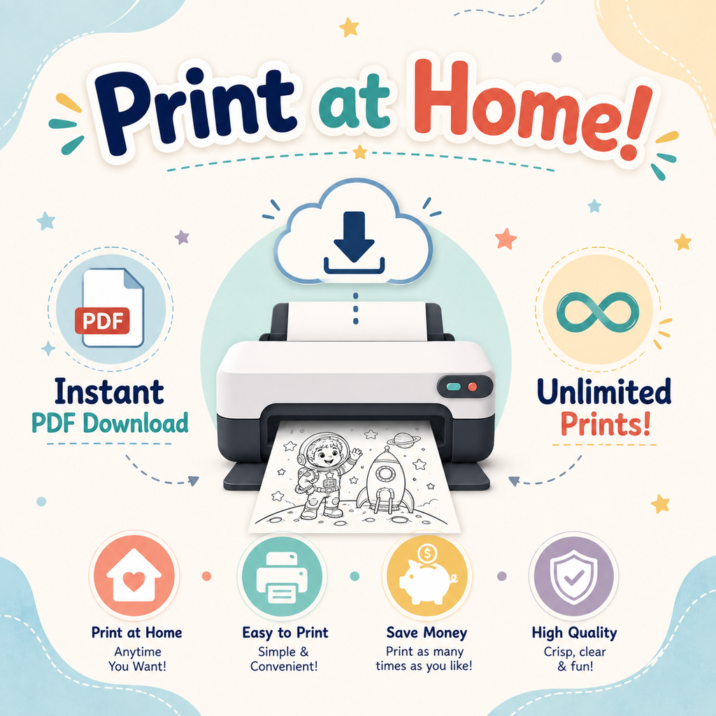 Promotional graphic for a home printer service with the text 'Print at Home!' and icons for instant PDF download, unlimited prints, and benefits like easy printing, saving money, and high quality.