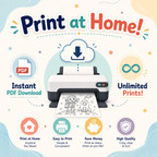 Promotional graphic for a home printer service with the text 'Print at Home!' and icons for instant PDF download, unlimited prints, and benefits like easy printing, saving money, and high quality.