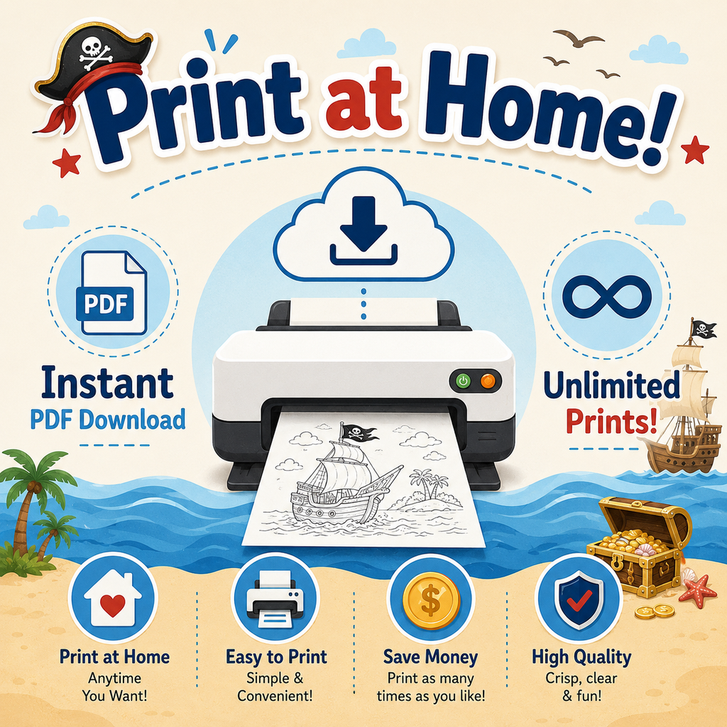 Promotional graphic for a pirate-themed print at home service, featuring a cartoon printer with a drawing of a pirate ship on the paper, surrounded by icons and text for instant PDF download, unlimited prints, and easy printing.