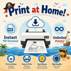 Promotional graphic for a pirate-themed print at home service, featuring a cartoon printer with a drawing of a pirate ship on the paper, surrounded by icons and text for instant PDF download, unlimited prints, and easy printing.