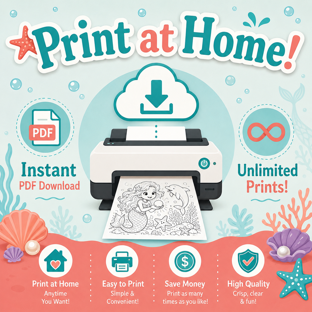 Promotional graphic for a 'Print at Home' service featuring a cartoon printer printing a mermaid and dolphin illustration. The design includes icons for instant PDF download, unlimited prints, and lists of benefits like printing anytime and easily.