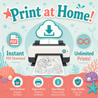 Promotional graphic for a 'Print at Home' service featuring a cartoon printer printing a mermaid and dolphin illustration. The design includes icons for instant PDF download, unlimited prints, and lists of benefits like printing anytime and easily.