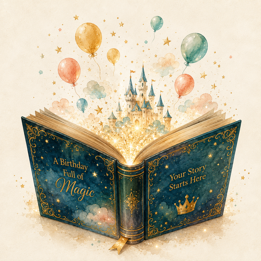 An open decorative book with gold ornamental detailing and the phrases 'A Birthday Full of Magic' and 'Your Story Starts Here,' from which a glowing fantasy castle and pastel balloons emerge on a warm cream background.