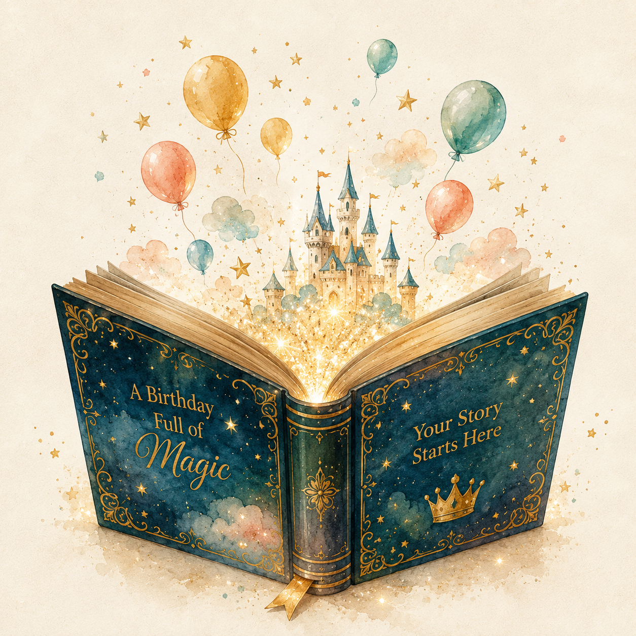 An open decorative book with gold ornamental detailing and the phrases 'A Birthday Full of Magic' and 'Your Story Starts Here,' from which a glowing fantasy castle and pastel balloons emerge on a warm cream background.