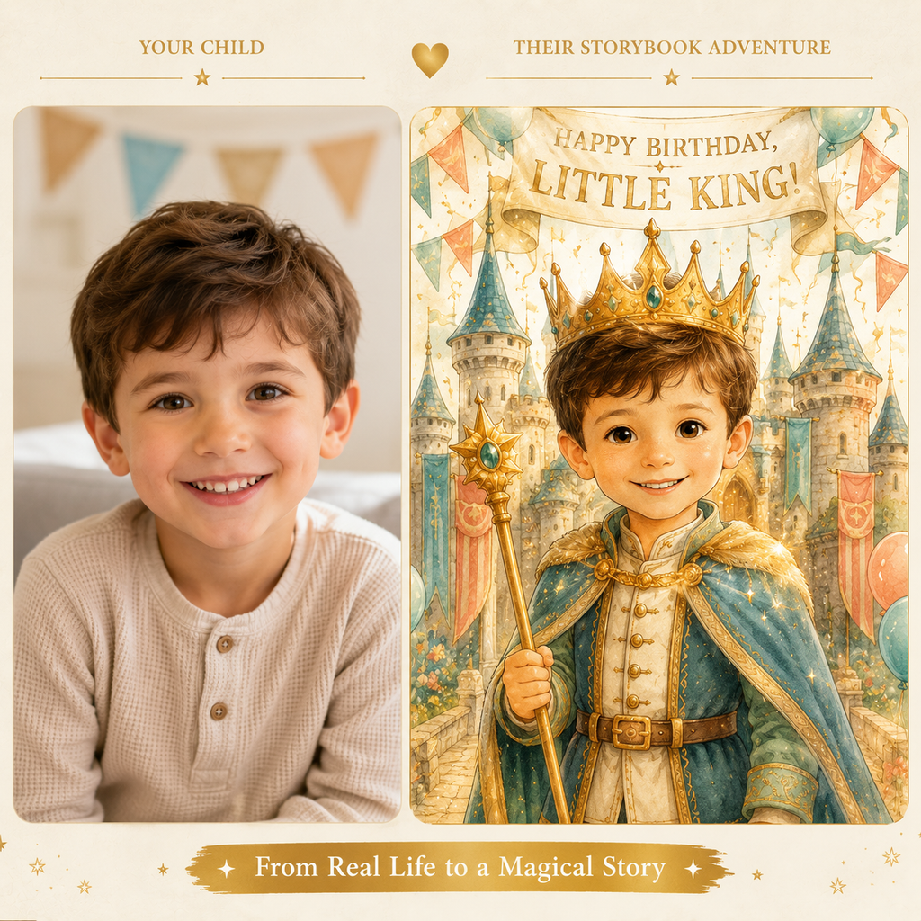 A split promotional graphic for a children's storybook or custom print service. The left half shows a real smiling young boy in a beige henley shirt under the text 'YOUR CHILD'.