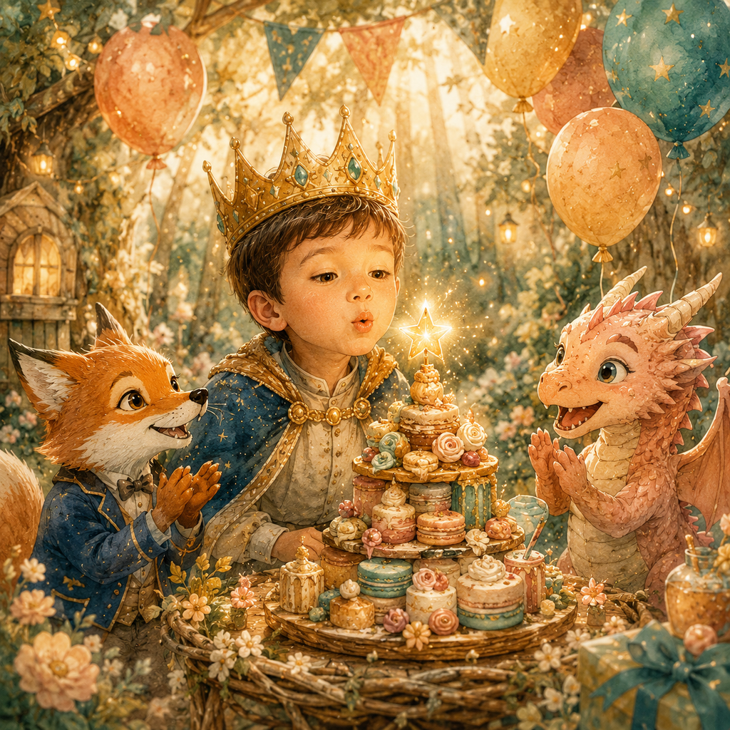 A whimsical fantasy scene showing a young boy in a gold crown surrounded by a fox dressed as a prince and a pink dragon, sharing a decorated dessert table with balloons and warm glowing light in a forest-like setting.