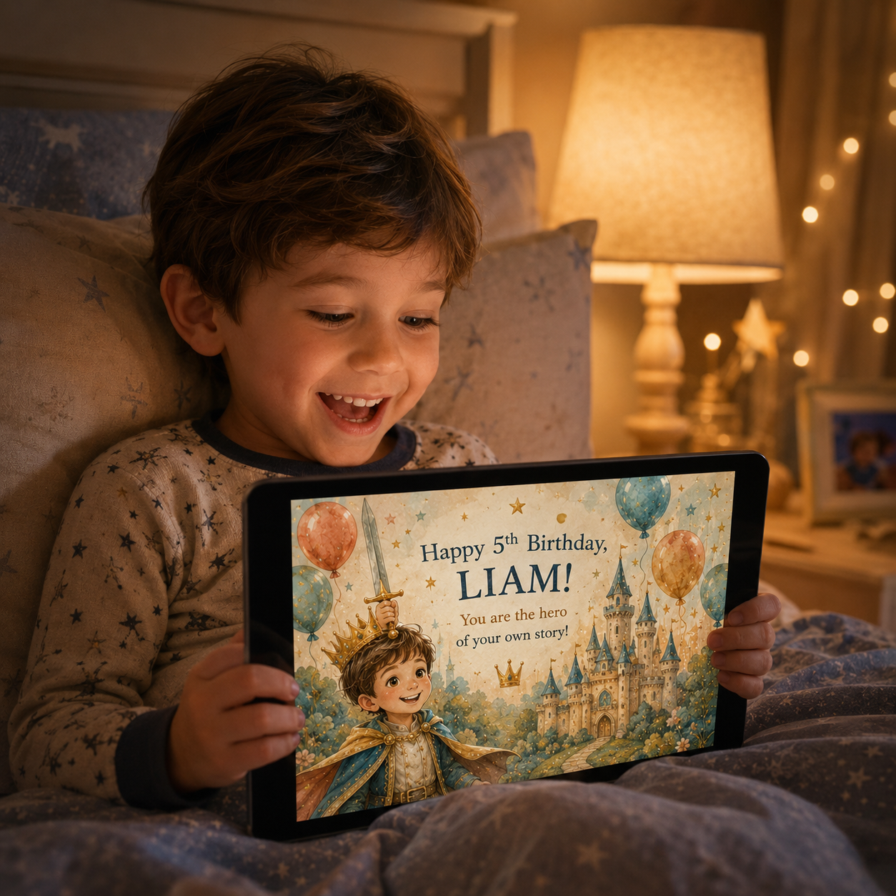 A young boy in pajamas lies in bed, smiling and holding a tablet that displays a personalized birthday story illustration with the text 'Happy 5th Birthday, LIAM! You are the hero of your own story!'. The room is warmly lit by a bedside lamp with string lights in the background.