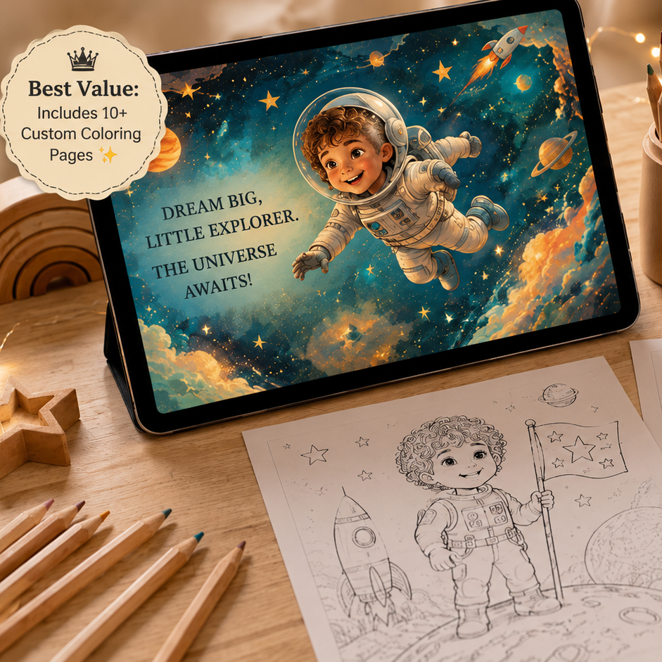 A tablet showing a colorful space-themed coloring page with an astronaut, surrounded by black-and-white printable coloring pages, wooden pencils, a stuffed bunny, and warm string lights on a tabletop.