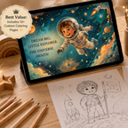 A tablet showing a colorful space-themed coloring page with an astronaut, surrounded by black-and-white printable coloring pages, wooden pencils, a stuffed bunny, and warm string lights on a tabletop.