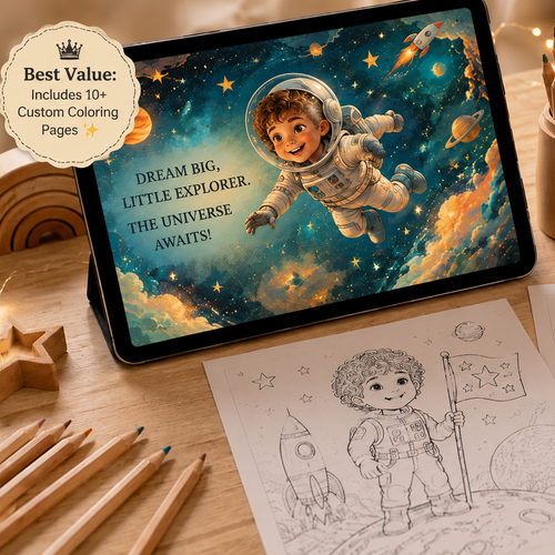 A tablet showing a colorful space-themed coloring page with an astronaut, surrounded by black-and-white printable coloring pages, wooden pencils, a stuffed bunny, and warm string lights on a tabletop.