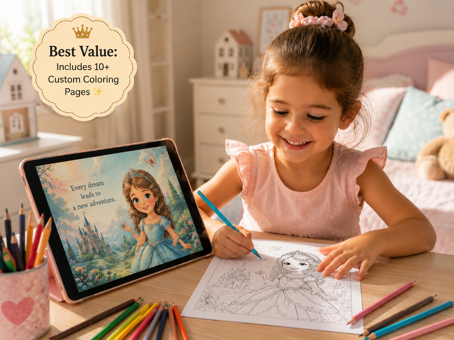 A young girl with her hair in a bun smiles while coloring on a sheet of paper at a wooden table. In front of her is a tablet displaying a colorful princess illustration, surrounded by colored pencils.
