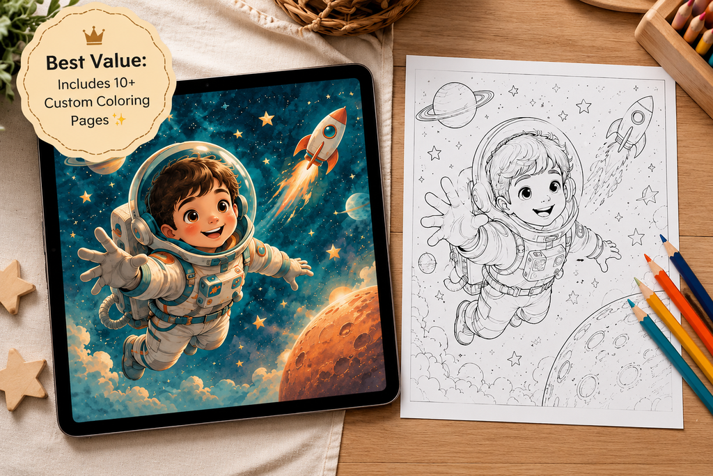 A tablet and a coloring page featuring a cartoon child astronaut in space, shown on a wooden tabletop with colored pencils and a decorative badge that reads 'Best Value! Includes 10+ Custom Coloring Pages'.