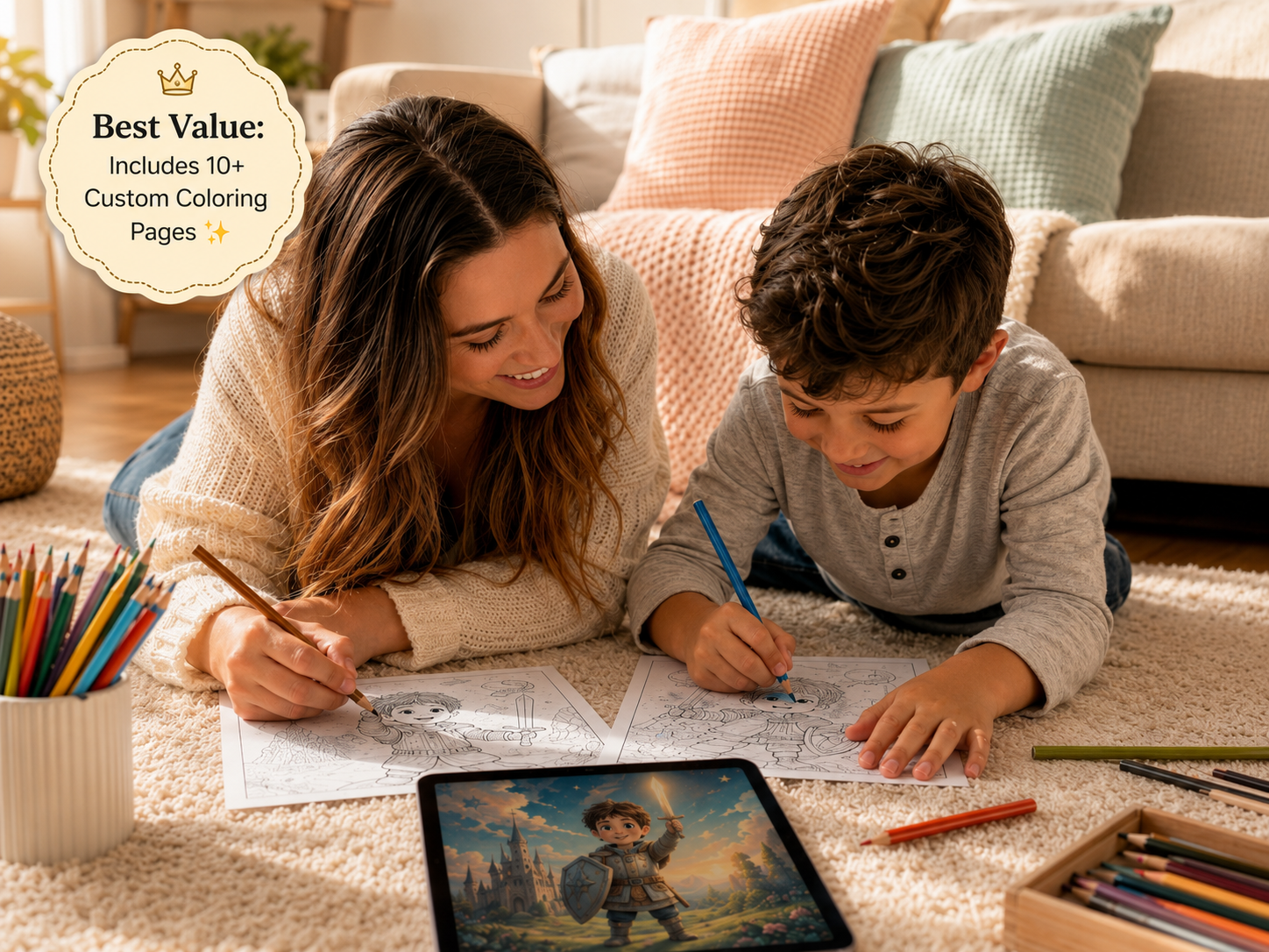 A woman and a young boy are lying on a beige carpet in a cozy living room, coloring on sheets of paper with pencils. A tablet in the foreground shows a colorful illustration, and a cup of colored pencils and a pencil box are nearby.