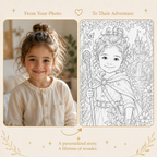 A promotional comparison graphic showing a child's portrait on the left labeled 'From Your Photo' and a matching line-art illustration on the right labeled 'To Their Adventure.' The design uses a warm beige background with decorative gold text and flourishes, suggesting a personalized story or coloring/art service rather than a physical product photo.