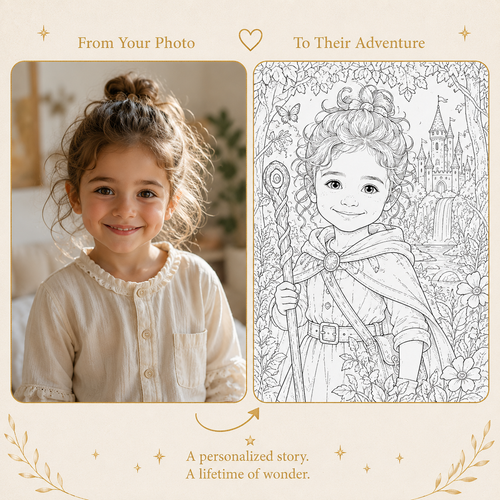 A promotional comparison graphic showing a child's portrait on the left labeled 'From Your Photo' and a matching line-art illustration on the right labeled 'To Their Adventure.' The design uses a warm beige background with decorative gold text and flourishes, suggesting a personalized story or coloring/art service rather than a physical product photo.