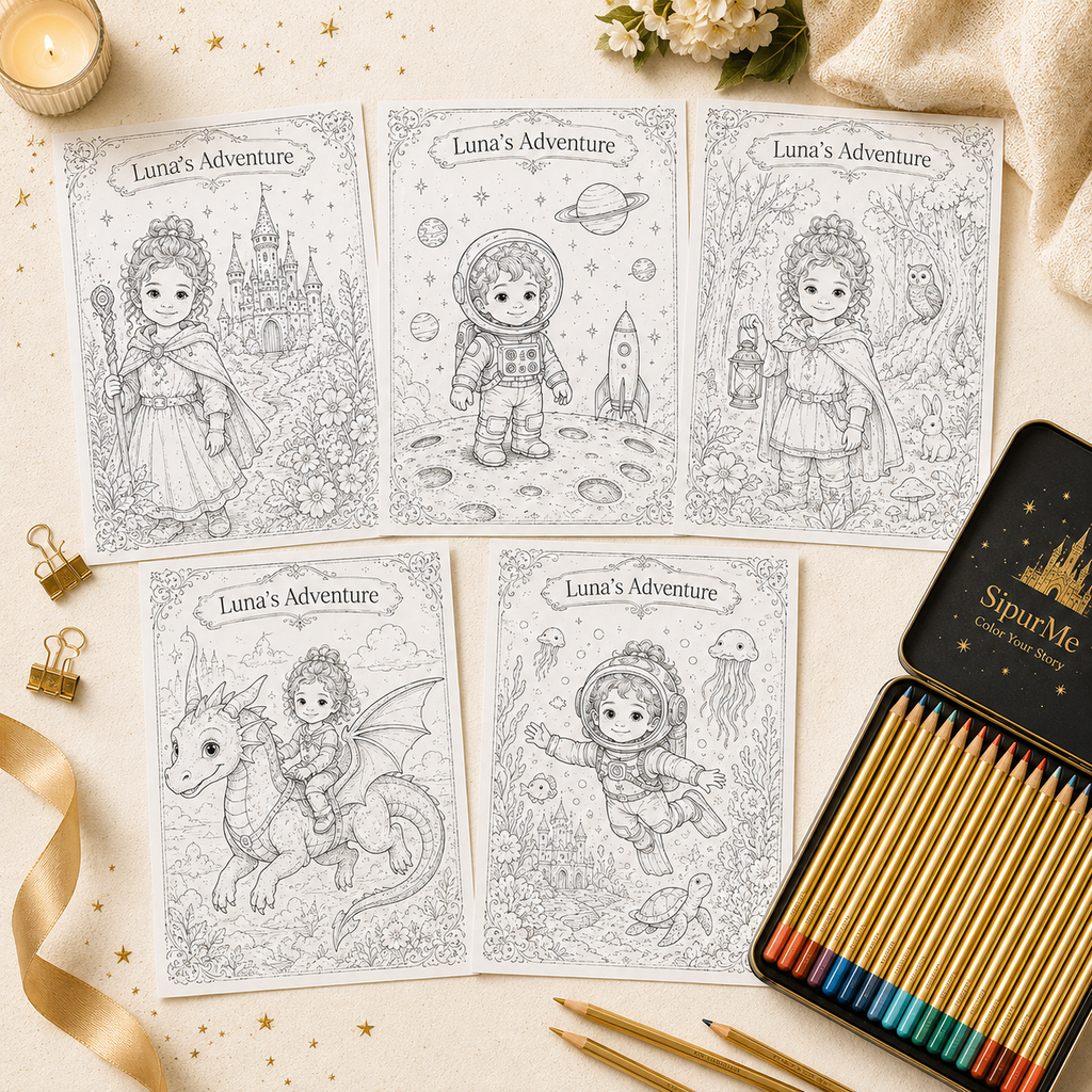 Five black-and-white fairy tale-themed coloring pages titled 'Luna's Adventure' arranged on a beige surface with a box of colored pencils, gold clips, a candle, ribbon, and flowers around them. The box lid shows the brand name SipurMe.