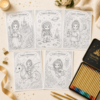 Five black-and-white fairy tale-themed coloring pages titled 'Luna's Adventure' arranged on a beige surface with a box of colored pencils, gold clips, a candle, ribbon, and flowers around them. The box lid shows the brand name SipurMe.