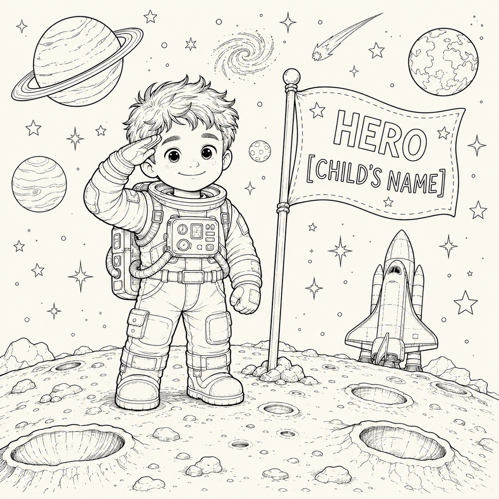 Black and white line art coloring page featuring a cute cartoon astronaut saluting on a moon surface next to a customizable flag that reads 'HERO [CHILD'S NAME]'. The scene includes a rocket ship, planets, stars, and a swirling galaxy in a clean, child-friendly illustration style.