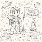 Black and white line art coloring page featuring a cute cartoon astronaut saluting on a moon surface next to a customizable flag that reads 'HERO [CHILD'S NAME]'. The scene includes a rocket ship, planets, stars, and a swirling galaxy in a clean, child-friendly illustration style.