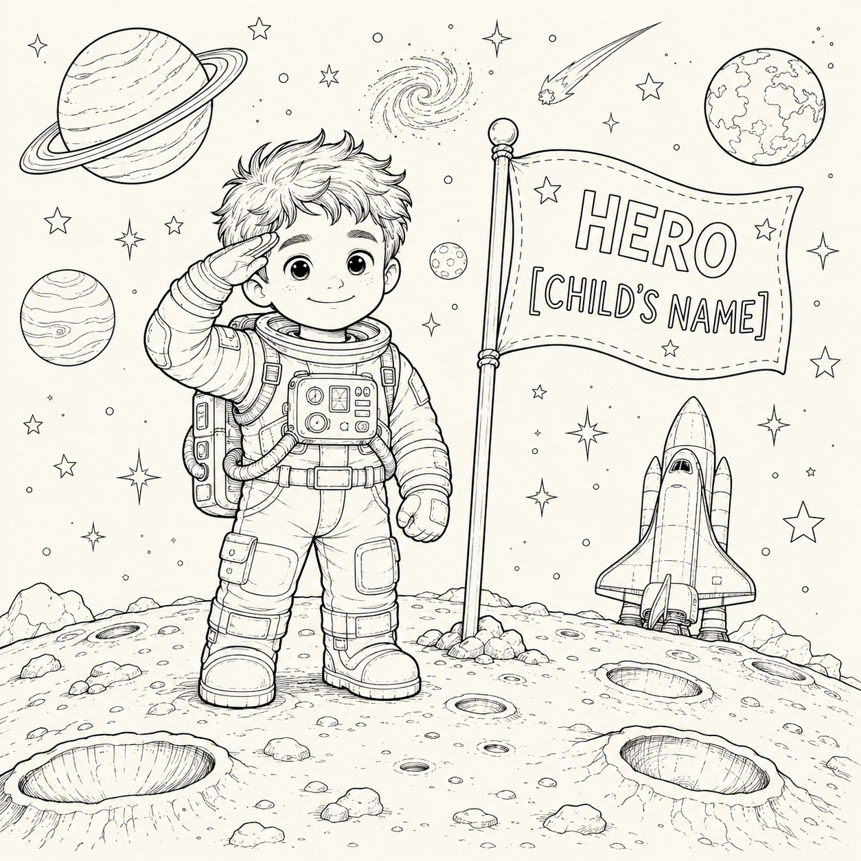 Black and white line art coloring page featuring a cute cartoon astronaut saluting on a moon surface next to a customizable flag that reads 'HERO [CHILD'S NAME]'. The scene includes a rocket ship, planets, stars, and a swirling galaxy in a clean, child-friendly illustration style.