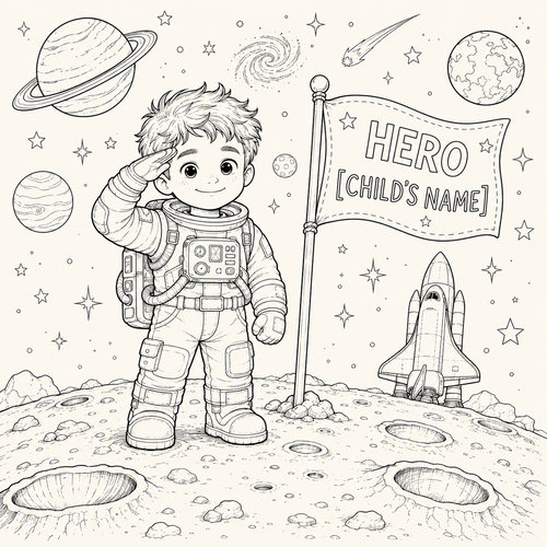 Black and white line art coloring page featuring a cute cartoon astronaut saluting on a moon surface next to a customizable flag that reads 'HERO [CHILD'S NAME]'. The scene includes a rocket ship, planets, stars, and a swirling galaxy in a clean, child-friendly illustration style.
