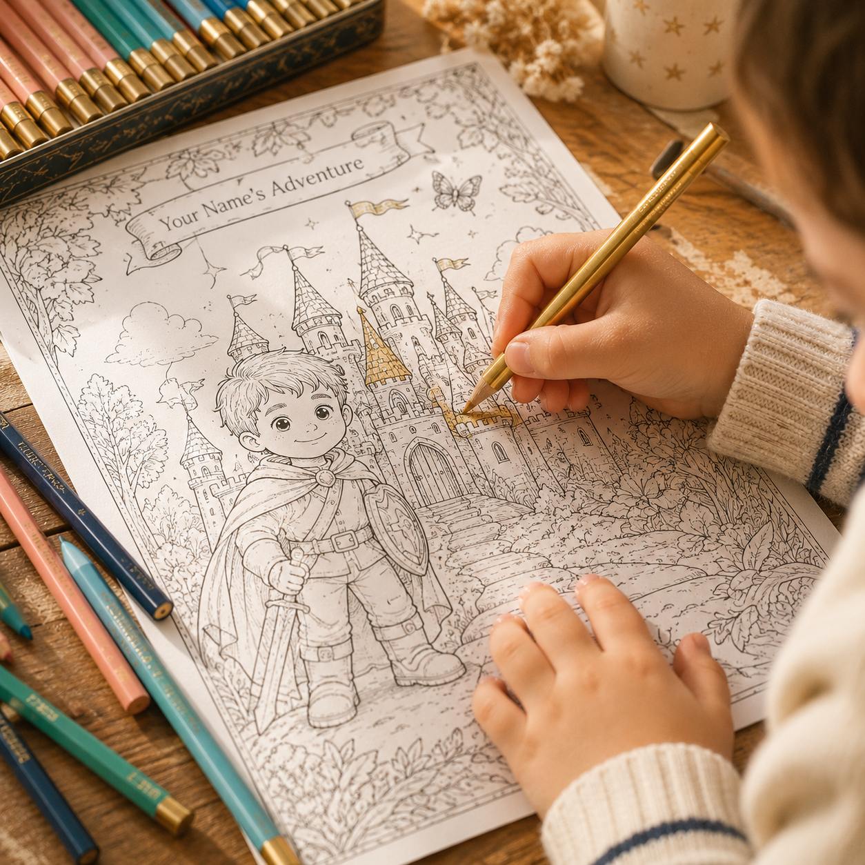A child's hands coloring a page from a printable coloring book titled 'Your Name's Adventure'. The page features a line art illustration of a young boy in a cape standing in front of a castle.