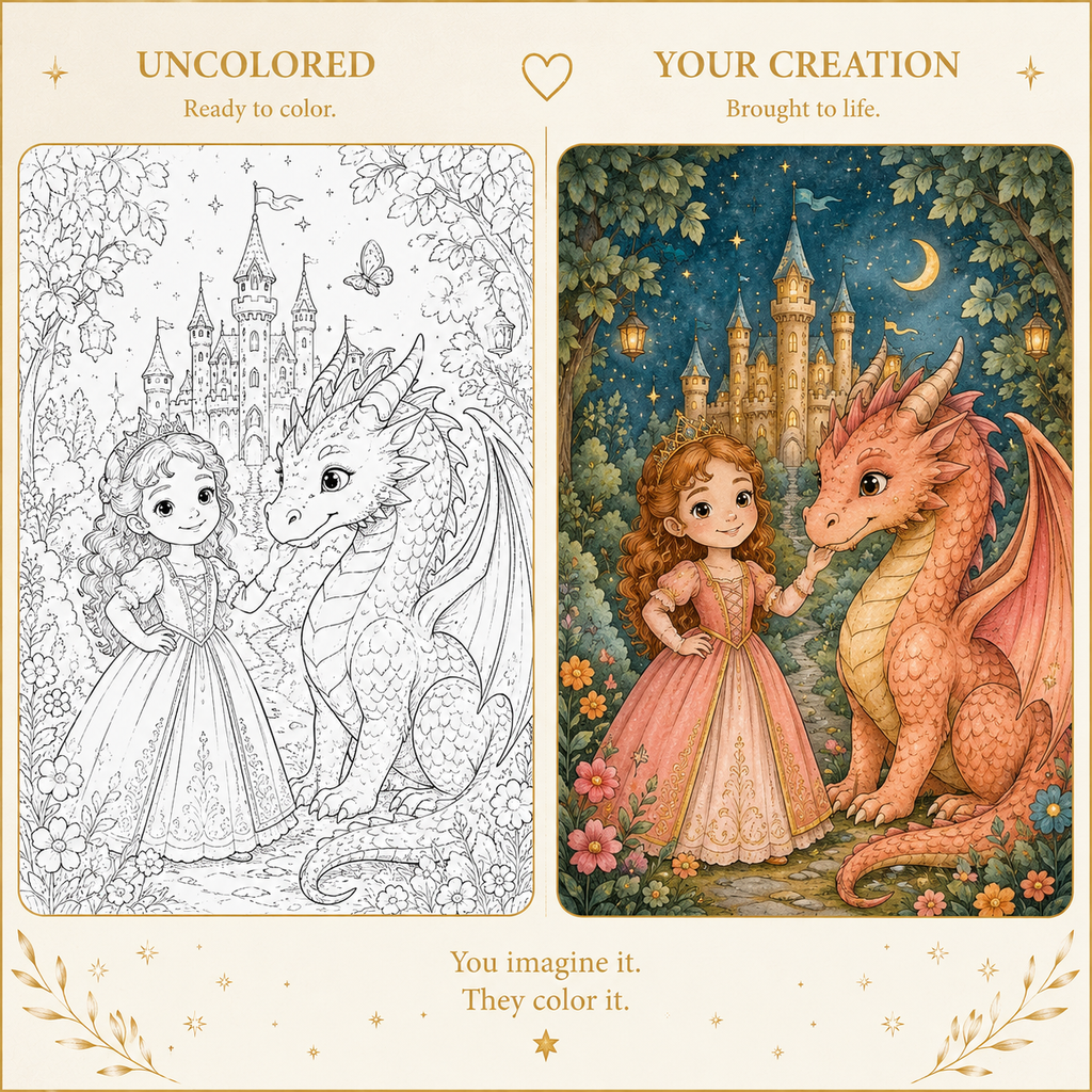 A side-by-side comparison of a coloring book page and the colored final artwork. The left side shows a black-and-white line drawing of a princess and dragon with a castle background, labeled 'UNCOLORED Ready to color.